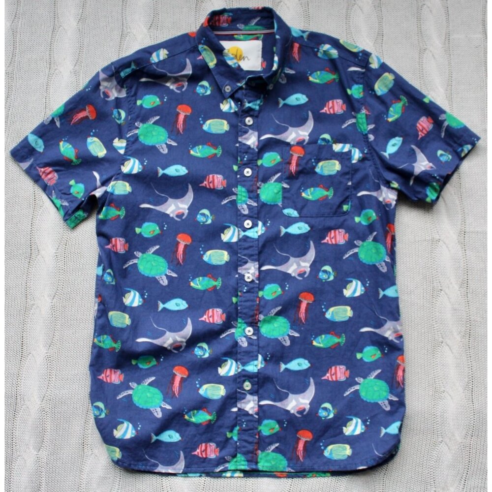 MINI BODEN Boy's Ocean Undersea Animals Fish Turtles Button Shirt Size 13 - 14 Y